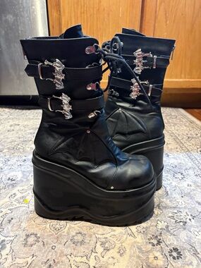 Demonia Black Bat Wing Platform Lace-Up Boots
